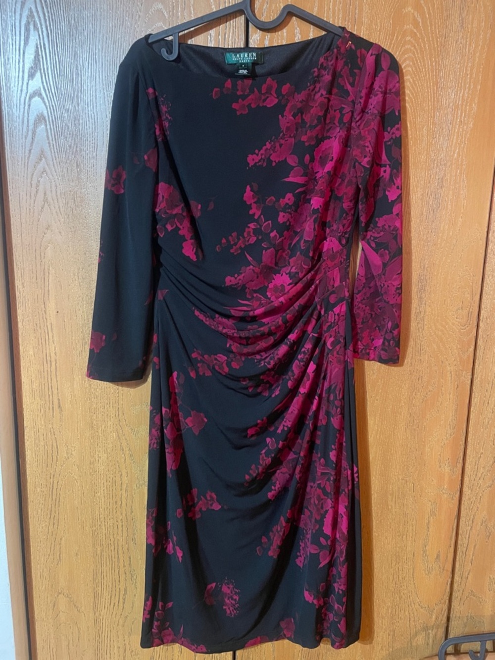 Lauren Ralph Lauren Black & Magenta Floral Draped Long-Sleeve Dress